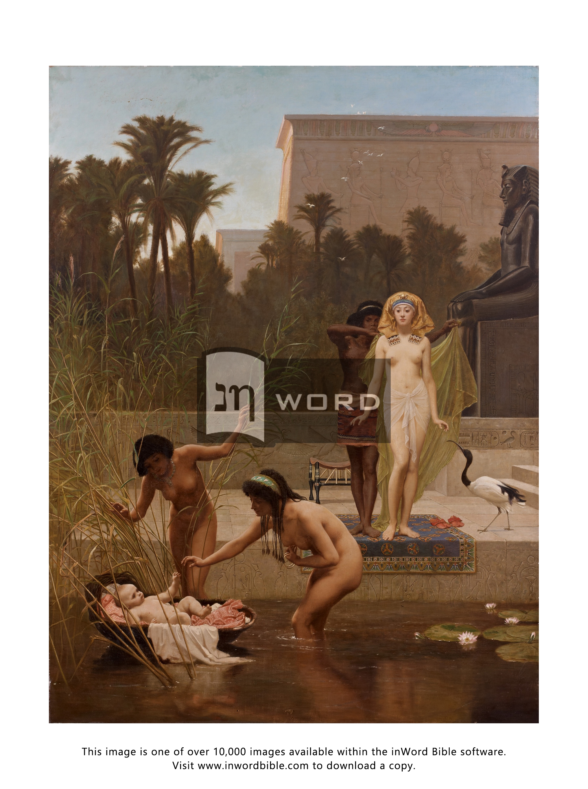 Bible image of Moses, Moses in the bulrushes, Baby Moses, Pharaoh's daughter, Pharaoh's daughter finds Moses, Naked, Nude, Exodus 2:5-7, Bible images, Frederick Goodall